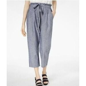Jill Stuart Blue Cropped Paper Bag Pants Sz 14 Linen Blnd Pockets Pullon Elastic